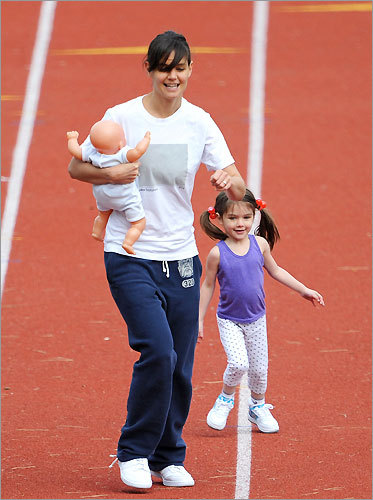 Katie Holmes spends a lot of time working out. The other day, she and Suri made the rounds at the BU track near Agganis Arena.