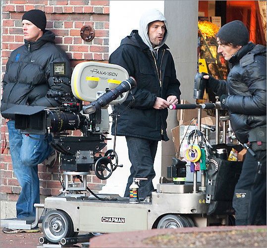 Affleck prepared to film a scene for the Boston-based bank robber movie in front of the Harvard Coop on Massachusetts Avenue in Harvard Square on Oct. 20.