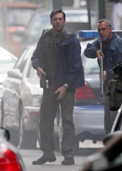 Jon Hamm in FBI gear gets ready to take down Ben Affleck in The Town