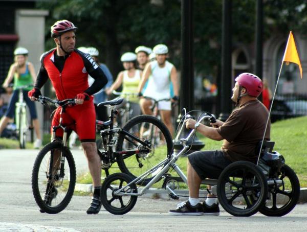 Kevin James and Joe Rogan peddle around Boston Common